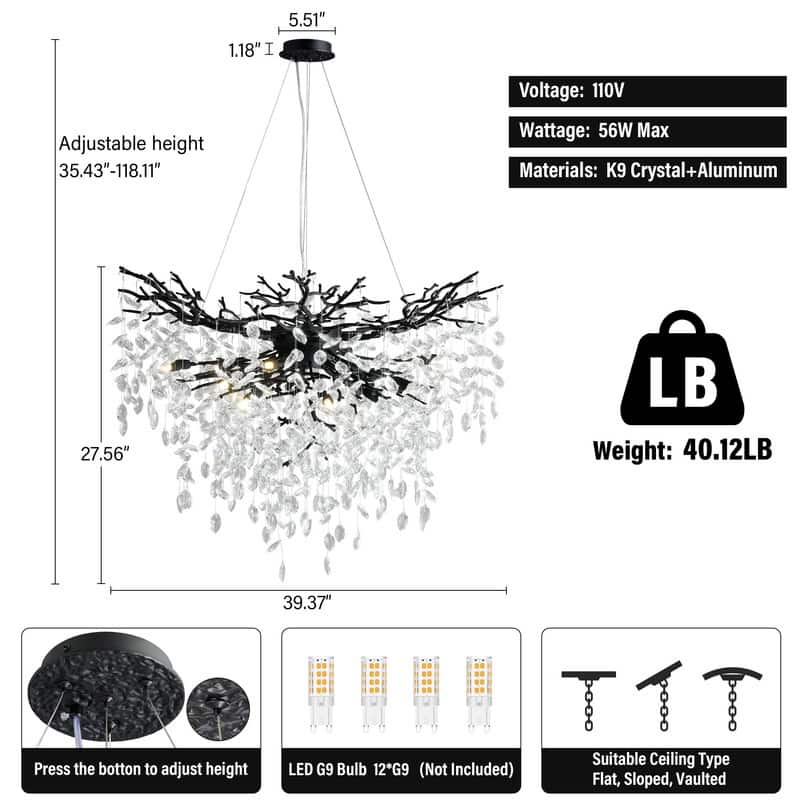 Modern Round Branch Crystal Chandelier, 600-1200mm Diameter, Marquise Cut Crystal Pendant Light