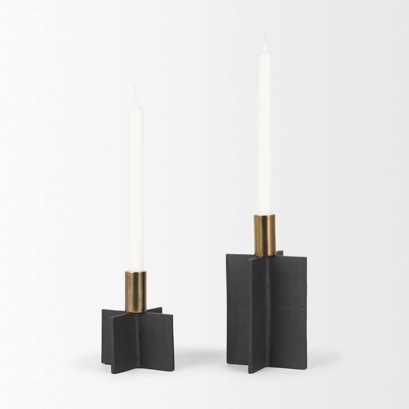 Pia Matte Black w/ Brushed Gold Metal Taper Candleholder (Set of 2) - 4.8L x 4.8W x 8.3H