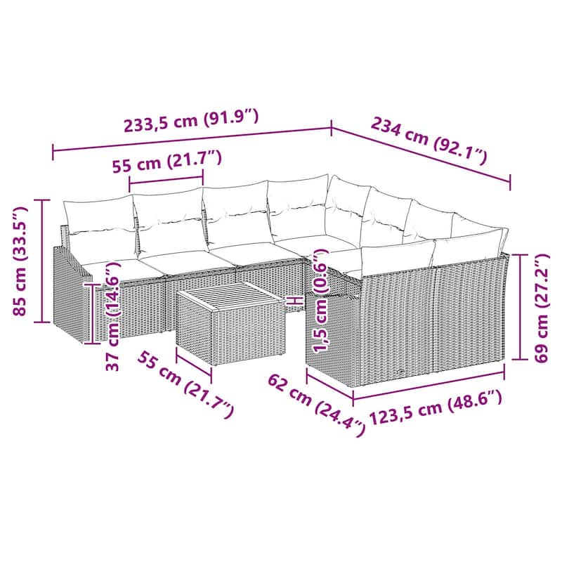 vidaXL 9 Garden Sofa Set with Cushions Black/Grey Poly Rattan - 91.9 x 92.1 x 27.2