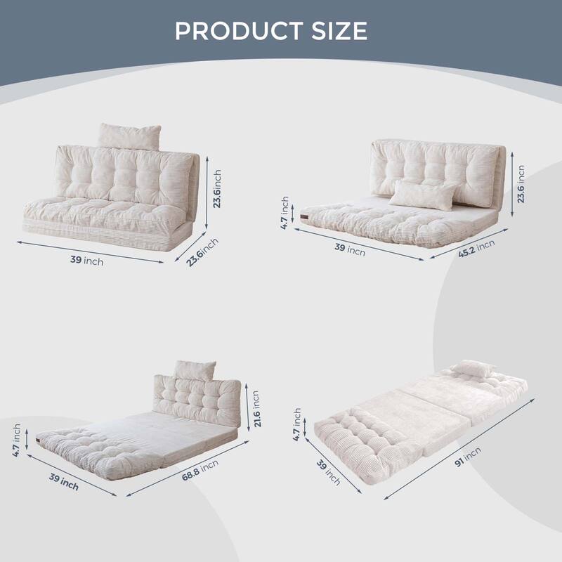 Corduroy Bean Bag Bed Tufted Folding Sofa Bed with Pillows