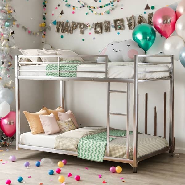 slide 2 of 10, Twin over Twin Modern Design Metal Bunk Bed, Low Bunk Bed with Ladder, Easy Assembly, Metal Frame Construction, Silver Silver - Twin