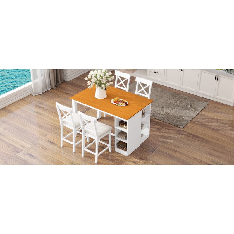 Roomfitters 5-Piece Counter Height Dining Table Set, 60" Farmhouse Kitchen Table with 3-Tier Shelves and 4 Chairs