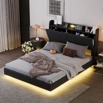 Roomfitters Queen Size Floating Bed Frame with Storage Headboard, Modern Upholstered Platform Bed
