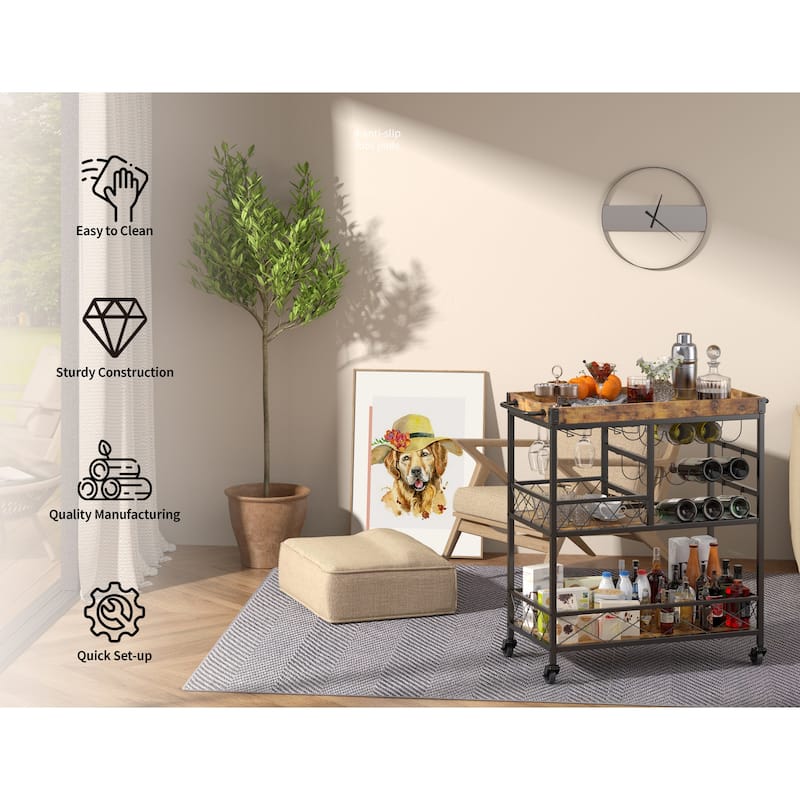 Bar Serving Cart, Bar Cabinet, Mobile Wine Cart with Lockable Wheels