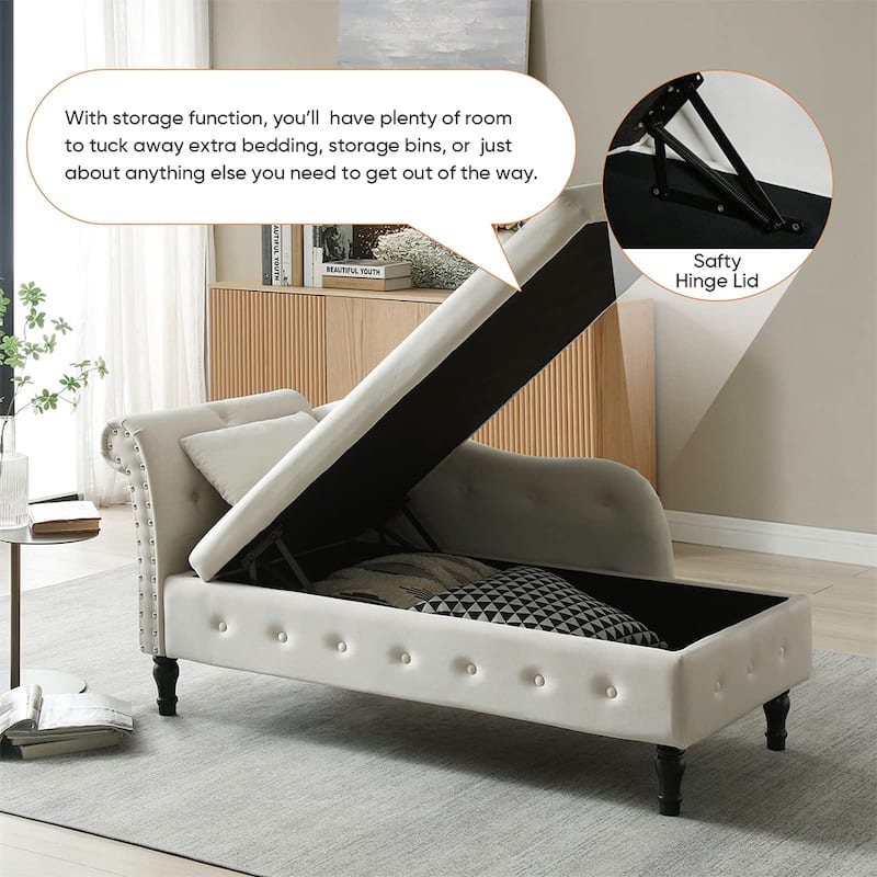 60"W Velvet Tufted Chaise Lounge, Storage Chaise Sofa, Solid Wood Leg - 25"D x 60"W x 27"H