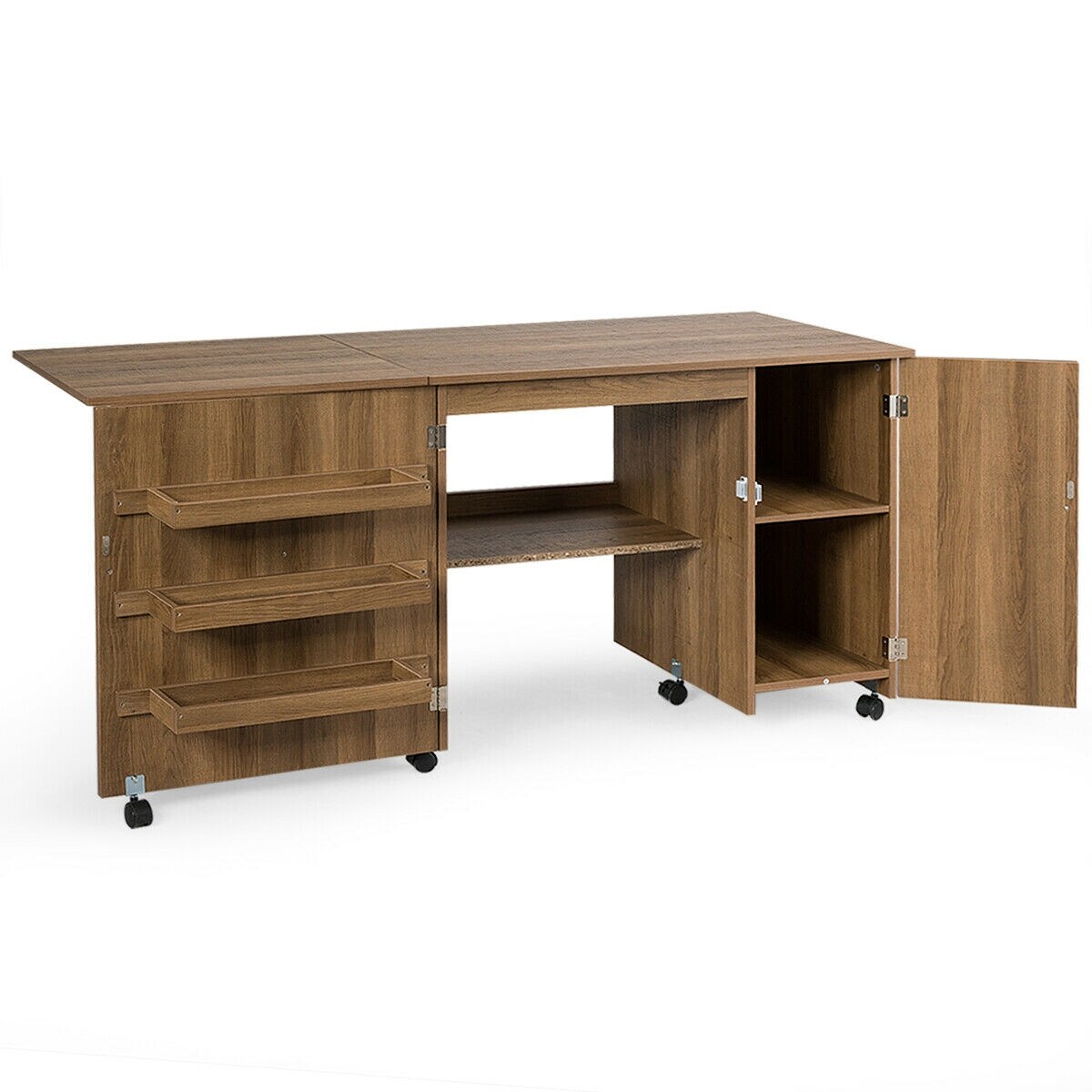 Shop Folding Sewing Table Shelves Storage Cabinet Craft Cart With Wheels Overstock 30088755 Natural