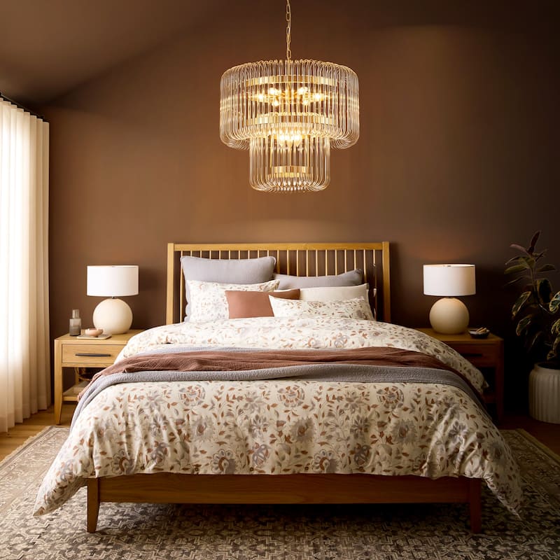 9-Light Modern Glam Drum Crystal Chandelier for Dining Room/Living Room 2-Tiered Round Chandelier Kitchen Island Pendant Light