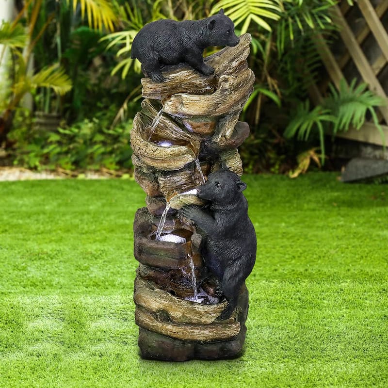 39.3in Tall Outdoor Water Fountain Resin Bear Patio Waterfall Fountain - Floor - Polyresin - Grey