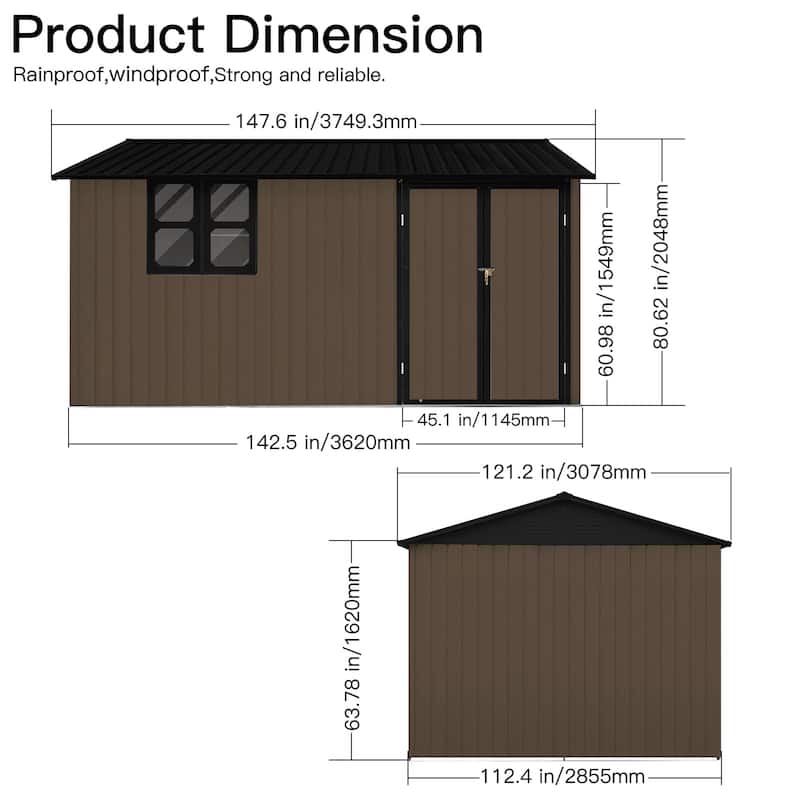 Outdoor 12 x 10 ft. Metal Storage Shed with Window and Vents and Hinged Door and Padlock