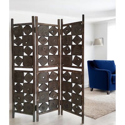 HomeRoots 71" Brown Solid Wood Folding Three Panel Screen Room Divider - 53' X '71' X '1