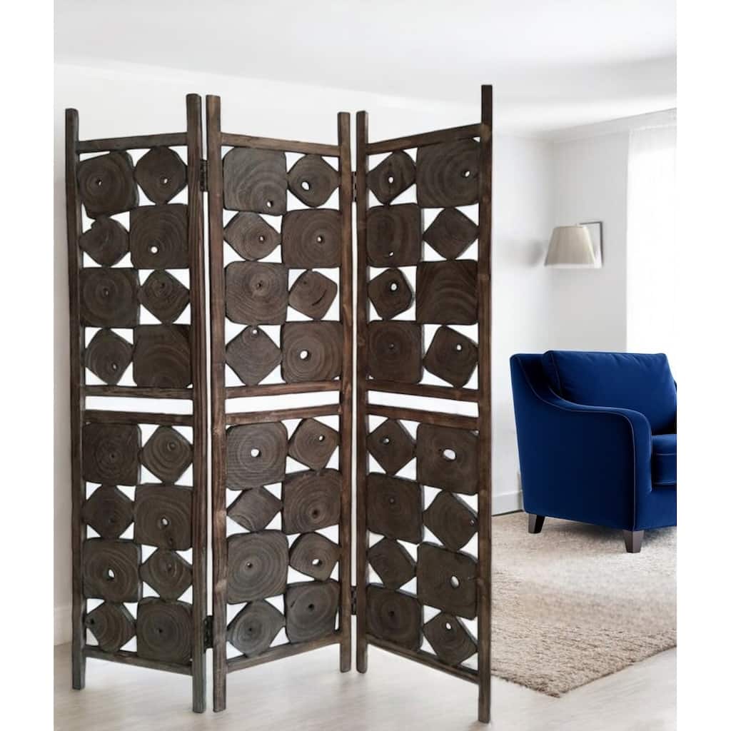 HomeRoots 71" Brown Solid Wood Folding Three Panel Screen Room Divider - 53' X '71' X '1