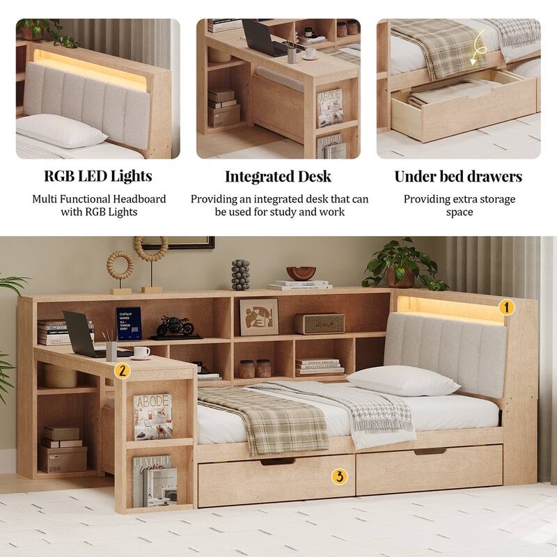 L-shaped Wooden Daybed with Desk and Storage Bookcase