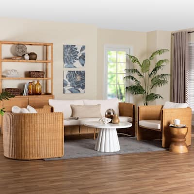 Carina Natural Rattan 3-Piece Living Room Set - Lounge Sofa and Armchairs with Handwoven U-Shaped Design for Modern Boho Spaces