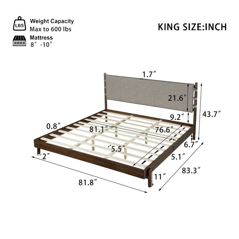Low-Profile Platform Bed Frame with Upholstered Panel Headboard Wood Slat Supports and Center Support Legs for Bedroom Apartment