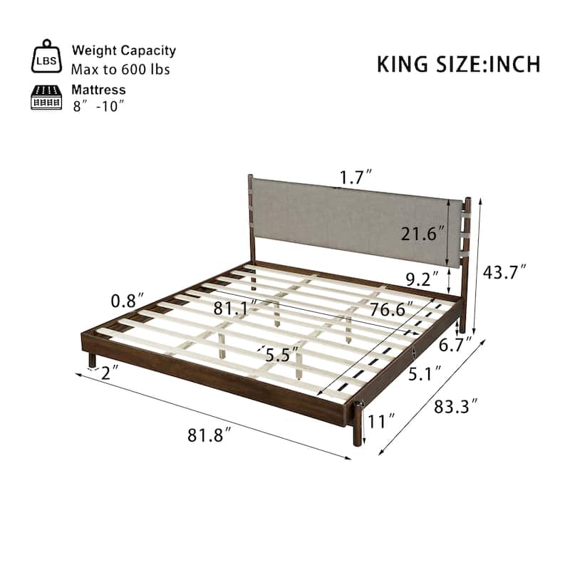 Modern Rubber Wood Platform Bed Frame with Headboard - King/Queen Size, Solid Wood Support, Mid Century Design, Easy Assembly
