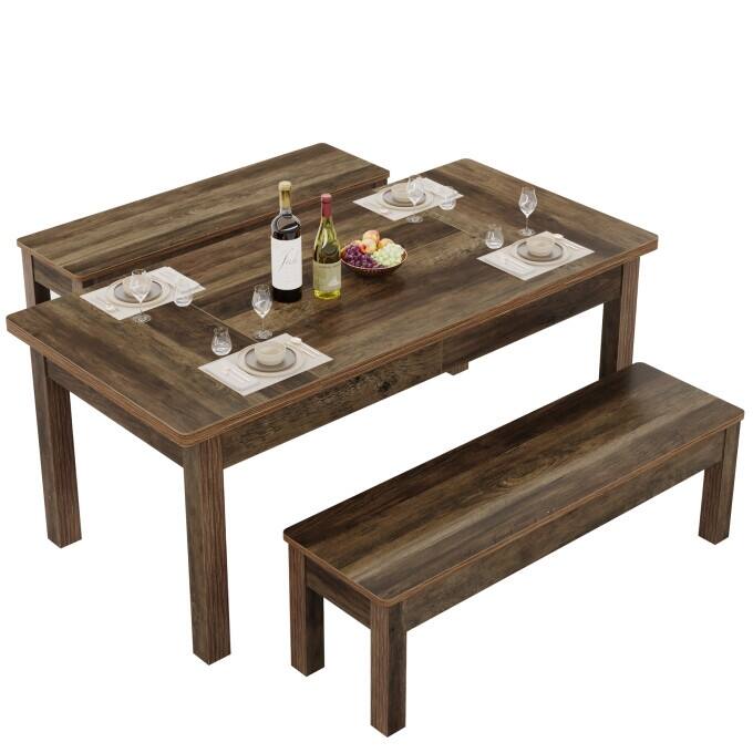 Wood Dining Table Set, 55-Inch Kitchen Table with 2 Benches for 4-6