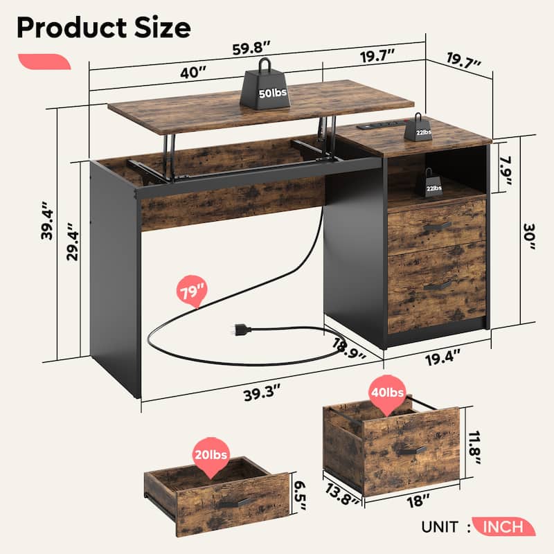 Computer Desk Lift Top Desk with Outlet and Drawers File Cabinet