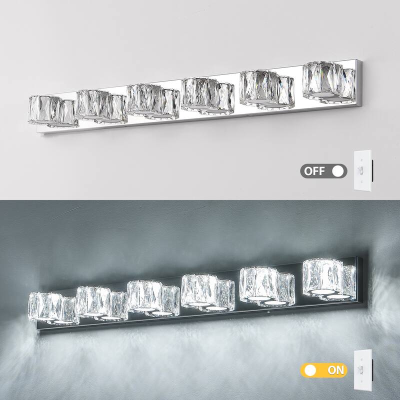 41" Modern Crystal 6-Light LED Wall Sconce - Elegant Chrome Bathroom Vanity Light with Clear Crystal Shades