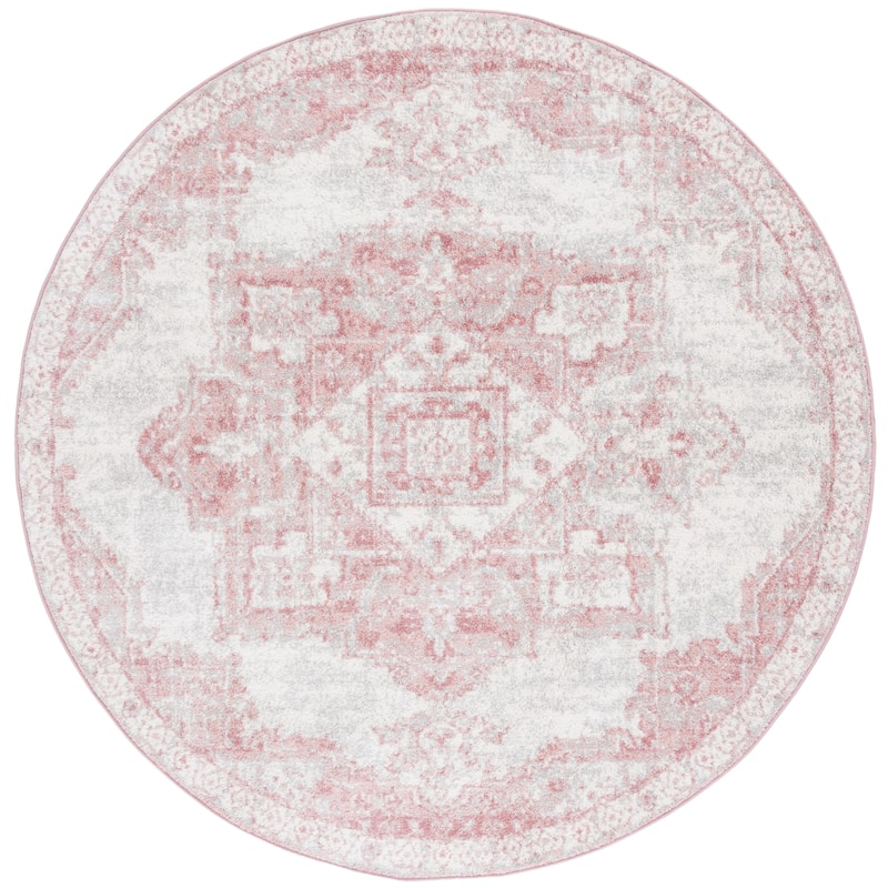 SAFAVIEH Layla Maryjo Shabby Chic Farmhouse Rug - 6'7" Round - Ivory Grey/Pink