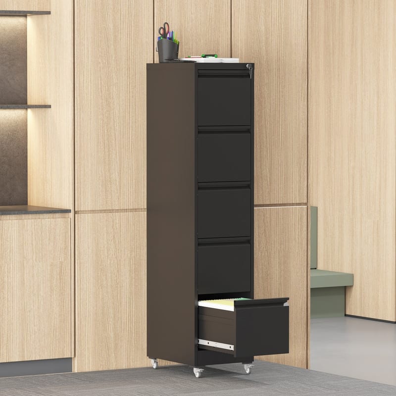 Metal 5 Drawer Vertical File Cabinet with Lock on Wheels for Home Office