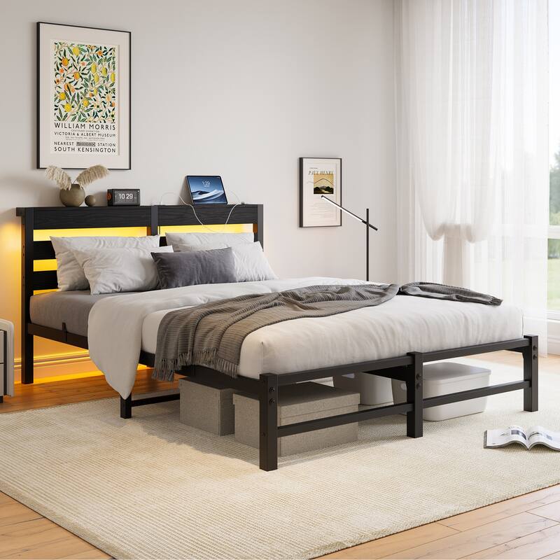 Modern Metal Bed with Wooden Headboard, RGB Lights & Storage Shelf