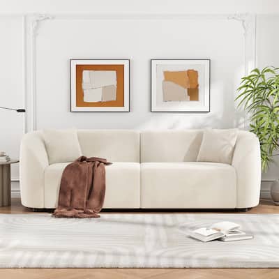 87" Beige Curved Velvet Sofa with Solid Wood+MDF Frame