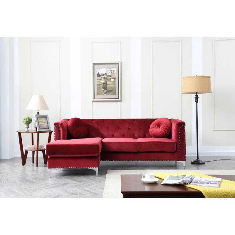 Burgundy Velvet Sofa Chaise, 83"L x 58"W x 31"H, 137 lbs