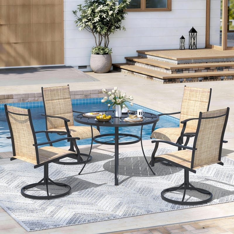 Patio Dining Set, Outdoor Dining Table and Chairs Set with Textilene Chairs, Adjustable Umbrella Hole for Garden, Backyard