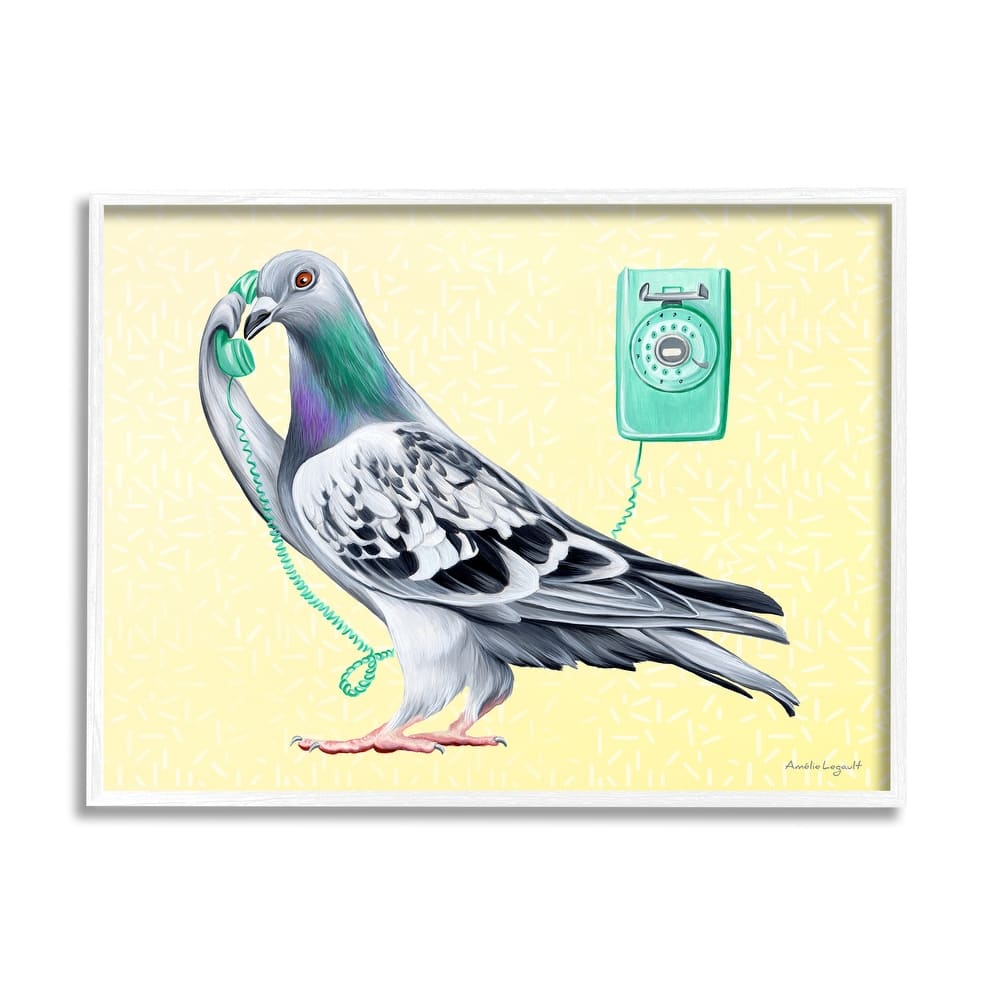 Stupell Pastel Pigeon Vintage Phone Call Yellow Background Framed Wall Art, Design by Amelie Legault