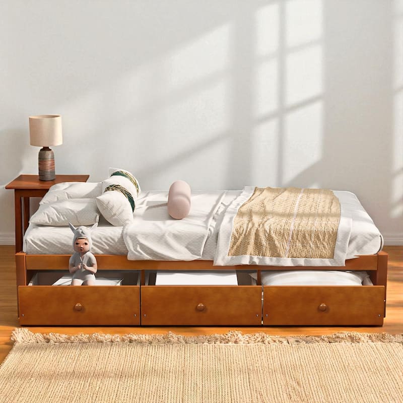 Twin Size Platform Bed with 3 Storage Drawers, Solid Pine Wood Frame and Slat Support