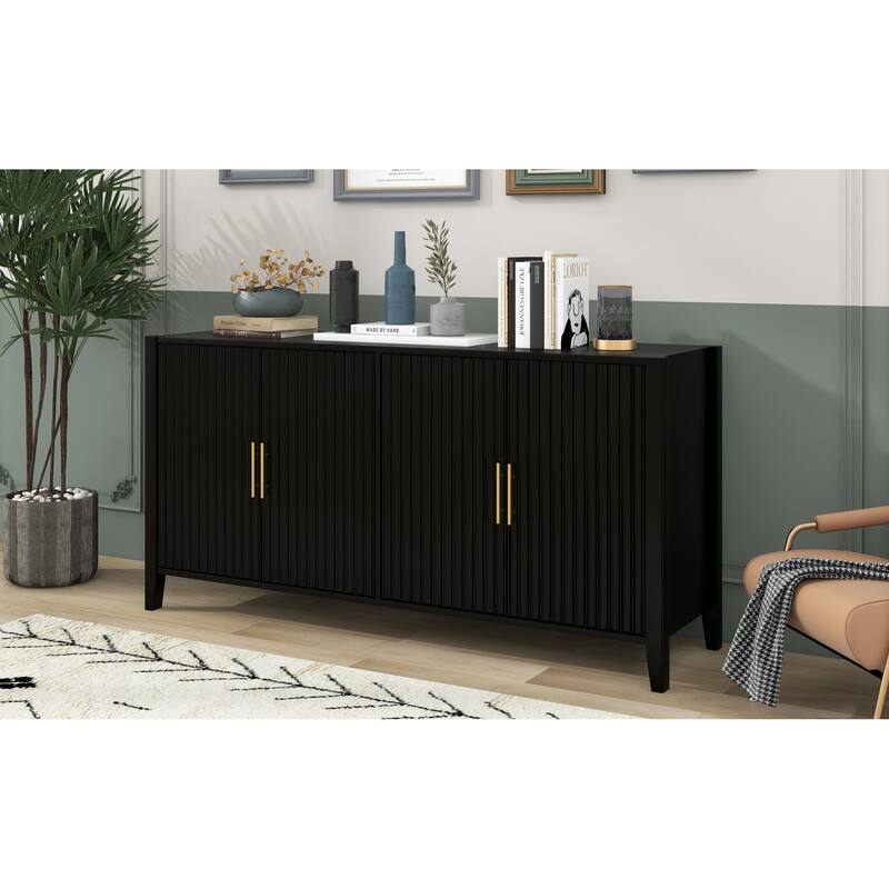 Roomfitters 63.1'' Sideboard Buffet Cabinet with 4 Door Mid-century Modern Fluted Accent Storage for Kitchen & Dining, Black