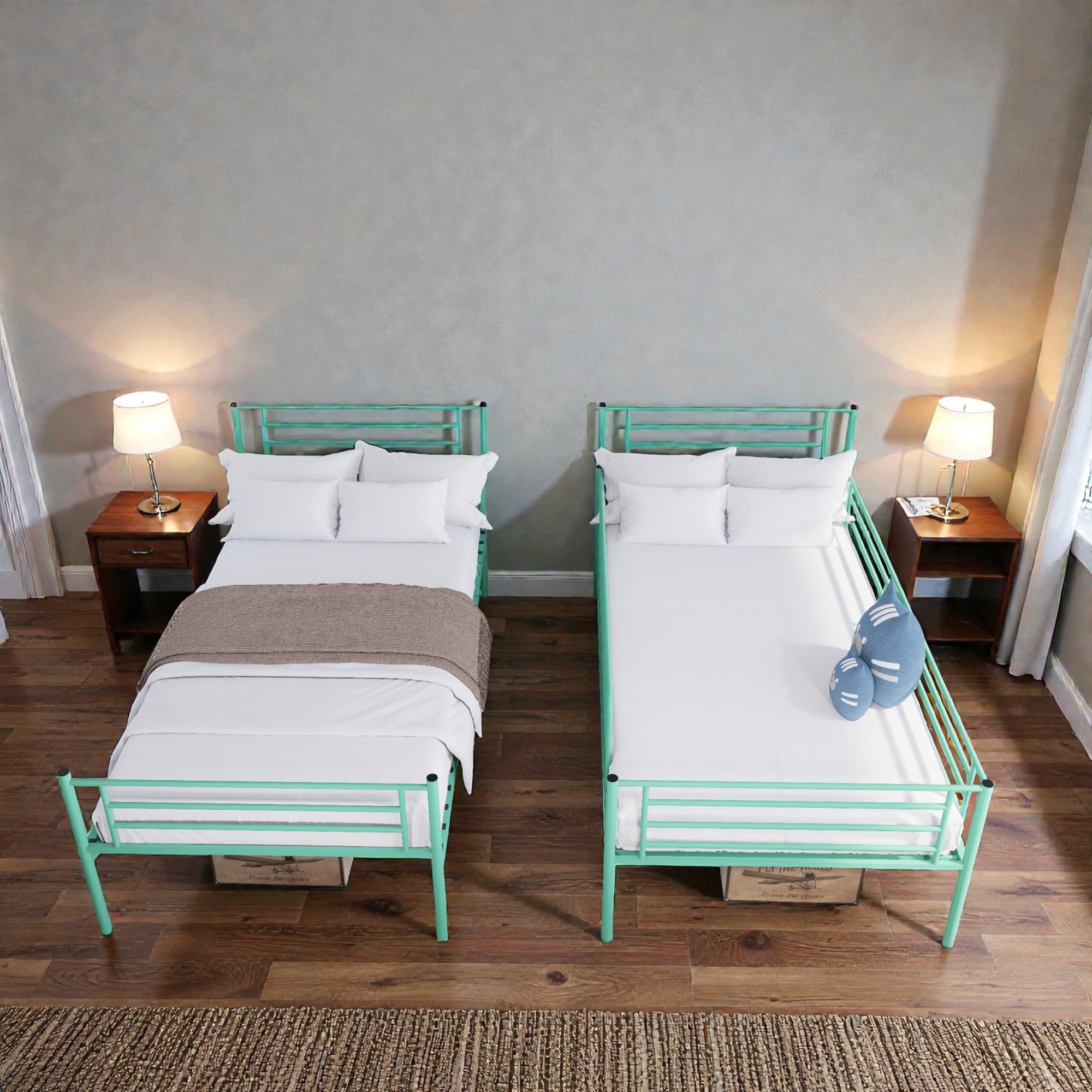 Twin Over Twin Metal Bunk Bed Frame, Detachable Design with Steel Slats and Full Guardrails for Kids or Guests