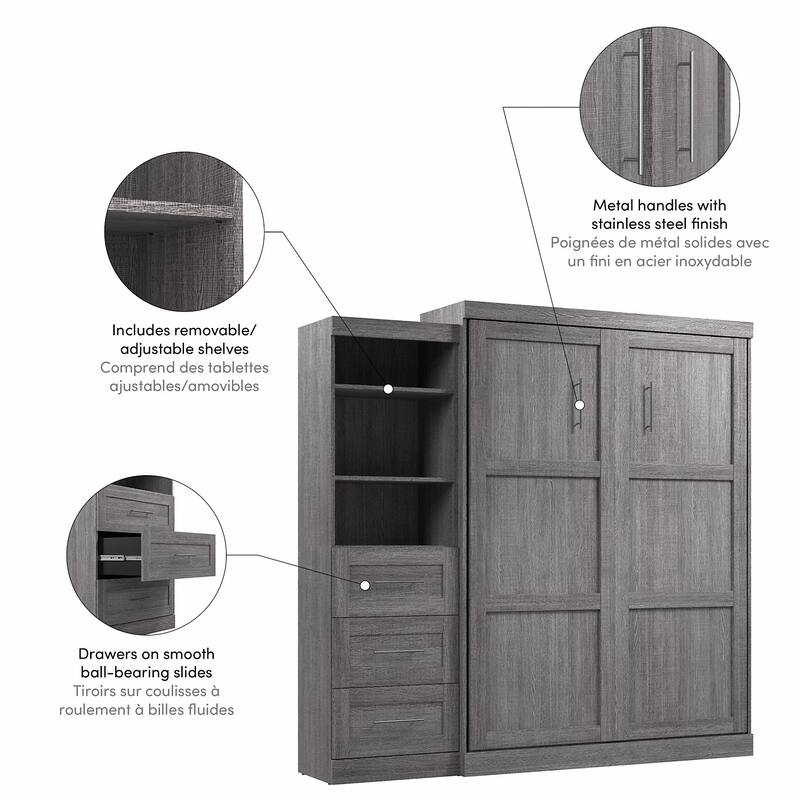 Bestar Pur Queen Murphy Bed with Shelving Unit and Drawers (90W)
