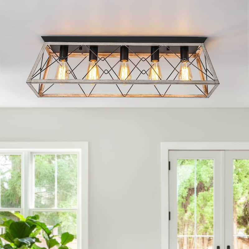 Starsky 5-Light Linear Farmhouse Rectangular Open Cage Flush Mount