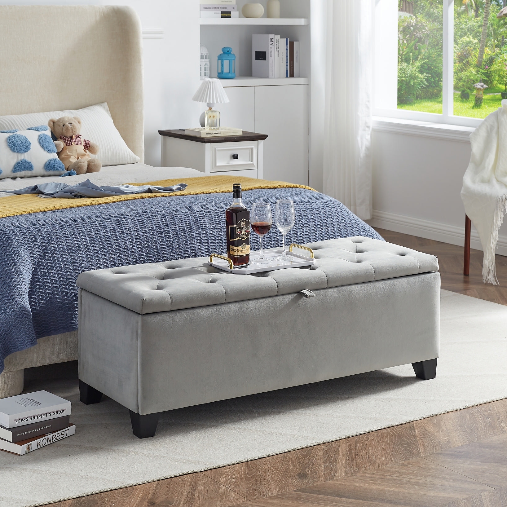 Grey Velvet Storage Ottoman Bench High Density Sponge with Sturdy Legs and Large Storage