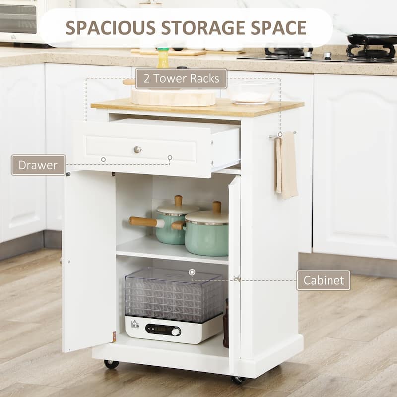 Kitchen Cart with Solid Wood Top Drawer and Cabinet on Wheels for Storage - 24.75" W x 18" D x 36" H