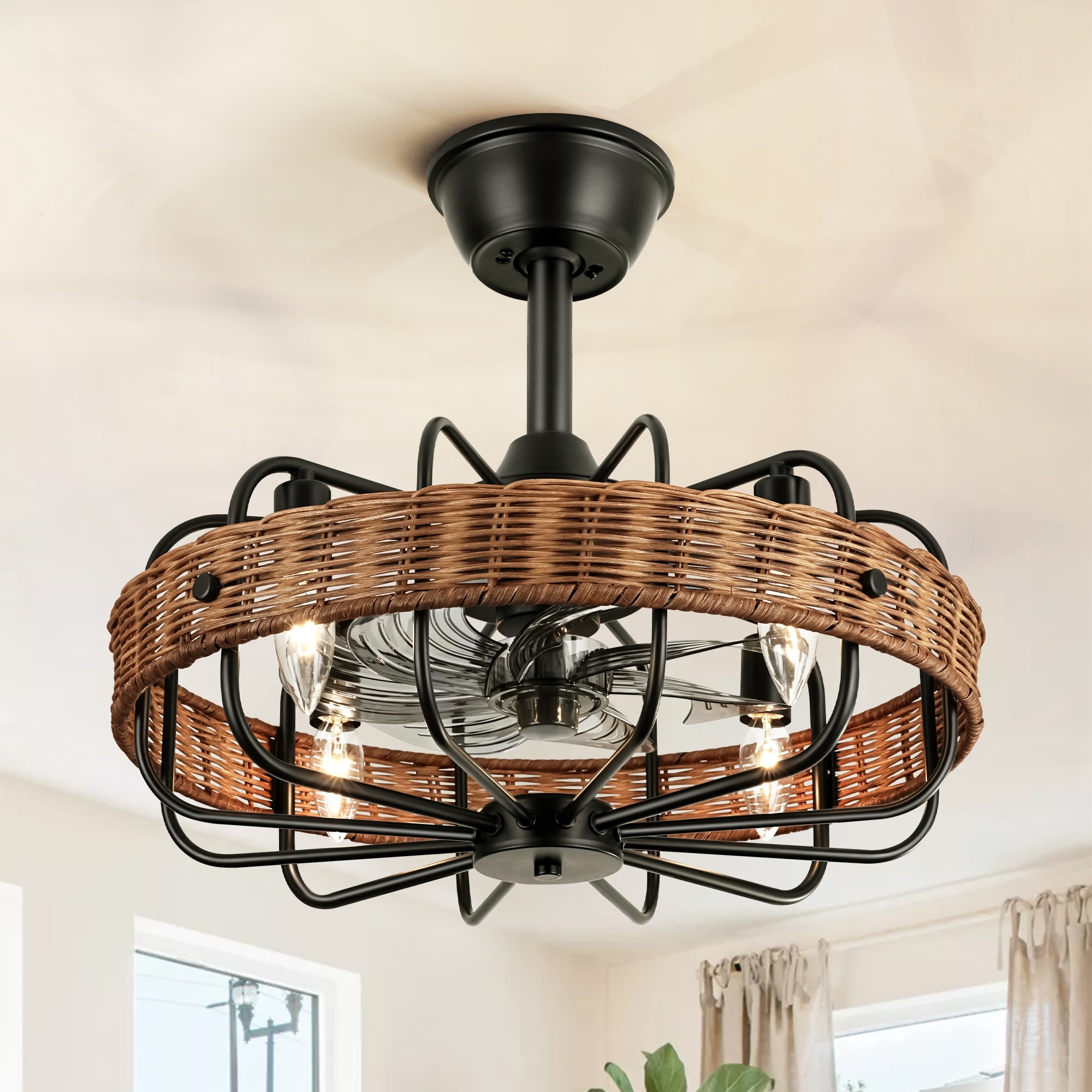 4-Light Modern Rattan Shade Ceiling Fan with Light,6-Speed DC Motor, Remote Control - 18.9" W x 18.1" H