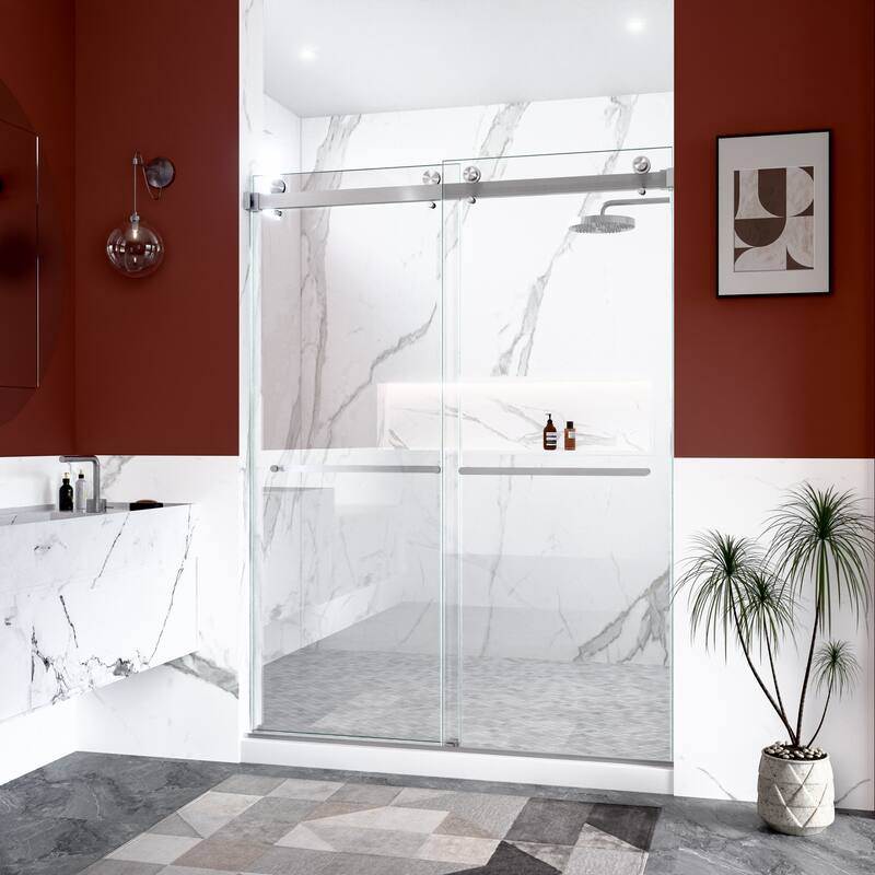 GDFStudio - Modern Minimalist Frameless Double Sliding Shower Door with 3/8" SGCC Tempered Glass & Stainless Steel Hardware