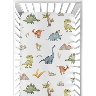 Sweet Jojo Designs Watercolor Dinosaur Dino Boy Fitted Crib Sheet Green Blue White Modern Dinosaurs Jurassic Nature Animal Steel