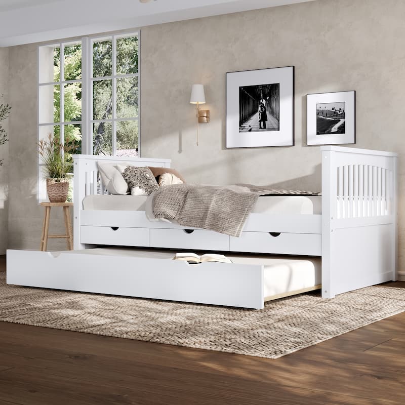 Twin Platform Bed with Drawers and Trundle, Solid Wood Daybed, No Spring Box Needed