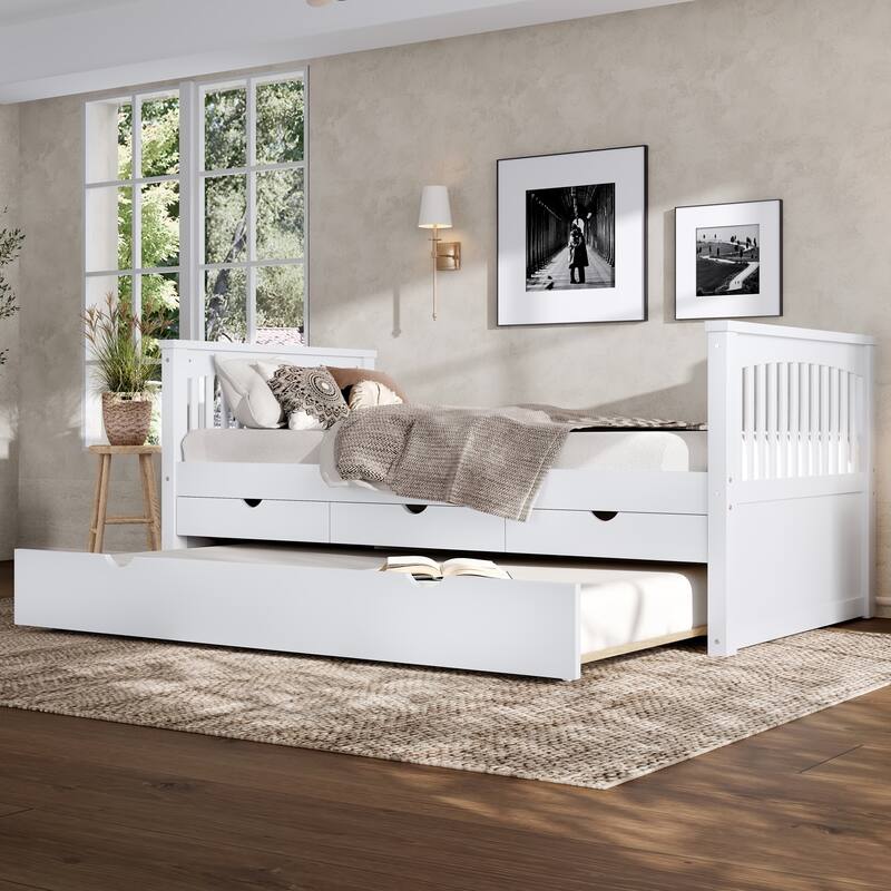 Twin Size Wooden Daybed with Trundle Bed and 3 Drawers, Solid Wood Platform Sofa Bed Frame, No Box Spring Needed