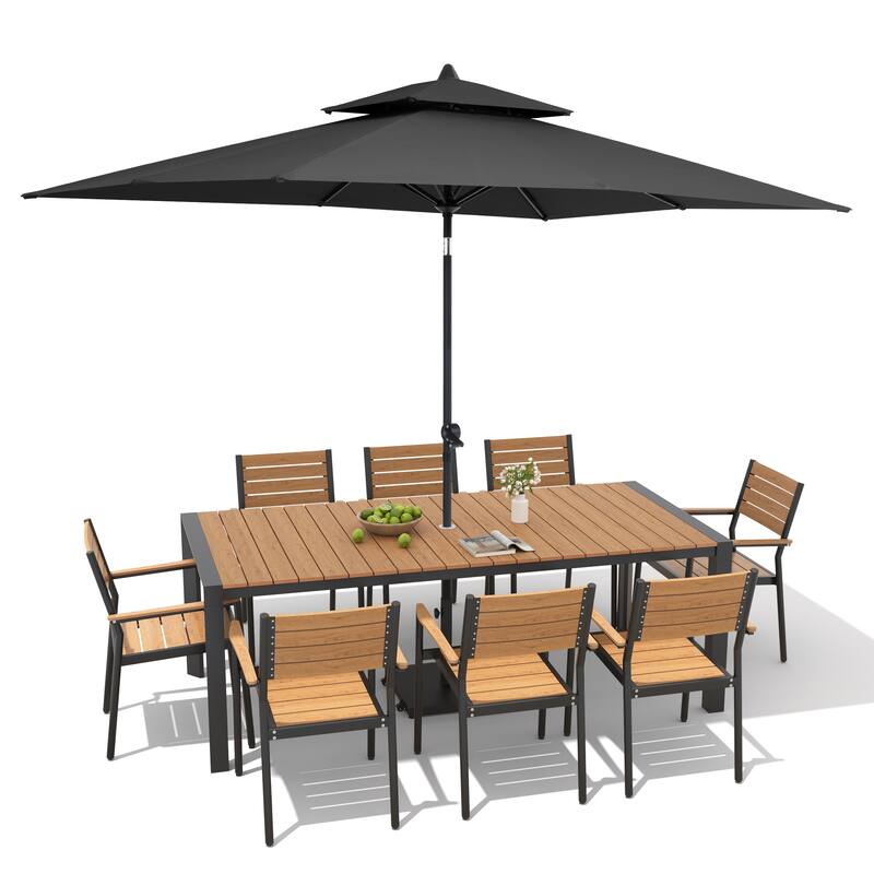 9/11-Piece Patio Dining Set Aluminum Dining Table and Chairs w/10 ft Market Umbrella and Base with Wheels
