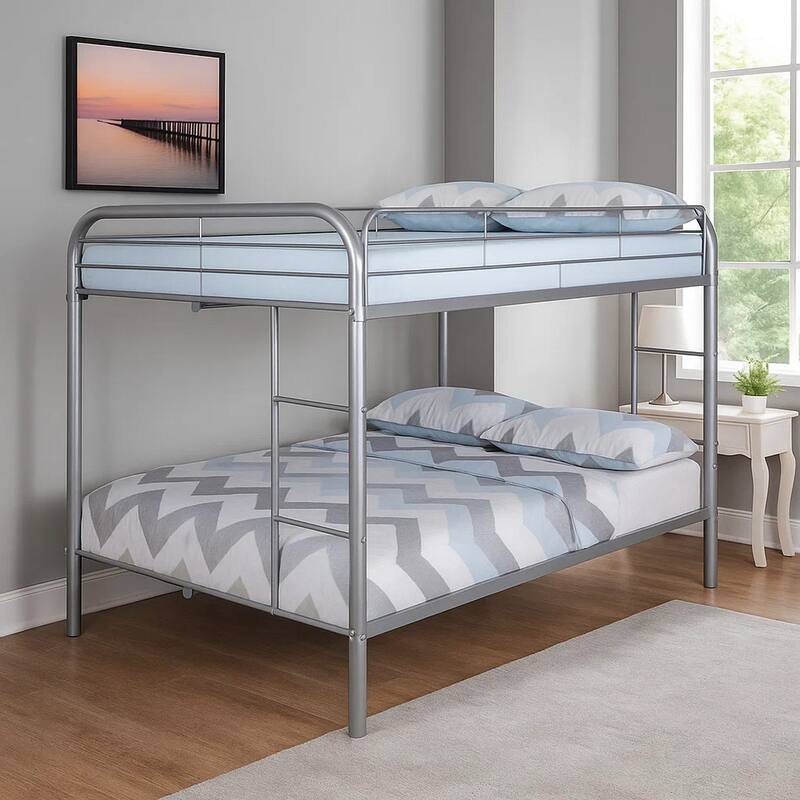 Fegy Full over Full Bunk Bed with Ladder and Rails, Silver Metal Frame