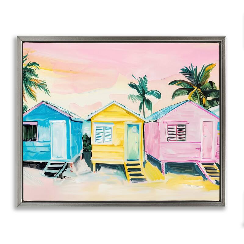 Stupell Pastel Tropical Beach Cabins Framed Floater Canvas Wall Art Design By Arlington Prints - 21 x 17 - Grey