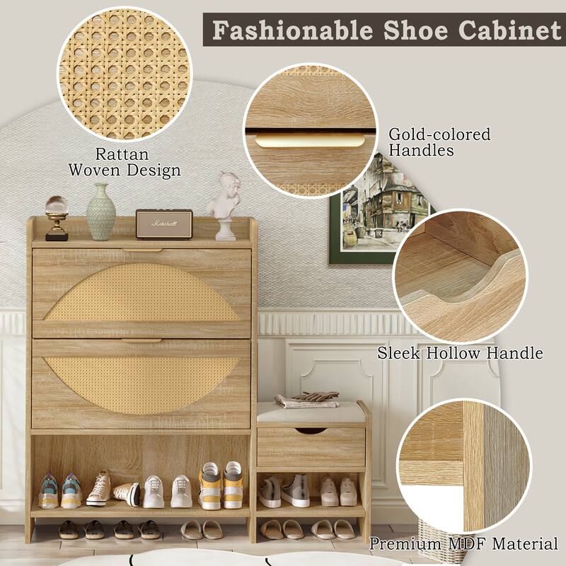 47.2" Shoe Storage Cabinet Rattan Shoe Storage Organizer With 2 Flip Drawers, a Storage Drawer and a Bench For Entryway,