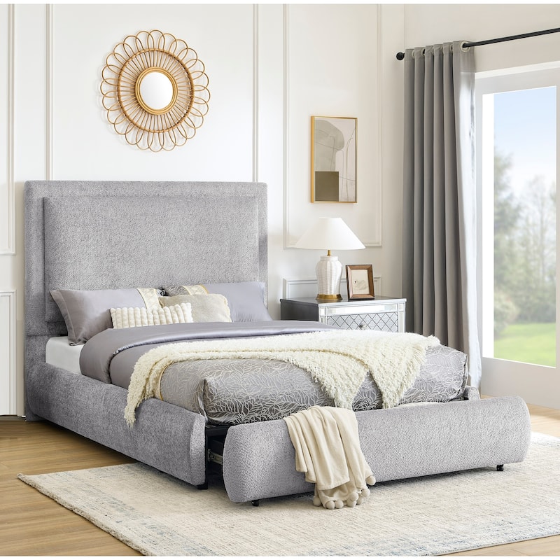 Queen Size Upholstered Bed Frame with Hidden Storage and High Padded Headboard in Pewter - Pewter