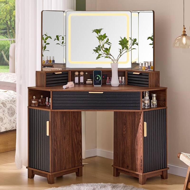 Corner Vanity Desk with Lighted Mirror Drawers Shelves Storage Stool