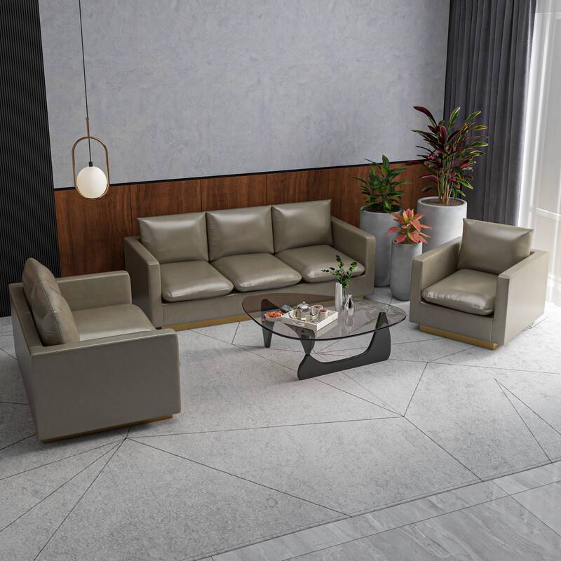 3-Piece Executive Leather Sofa Set with Brushed Gold Stainless Steel Base