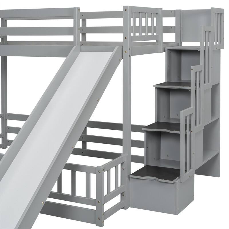 Twin Over Full Multifunctional Kids Bunk Bed Frame with Slide, Wooden Loft Bed with Storage Staircase and Guardrails