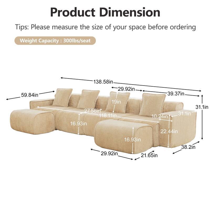 GDFStudio - Velvet Streamlined Modular 4-Seater 138.58" U-Shaped Sectional Sofa with 2 Ottomans
